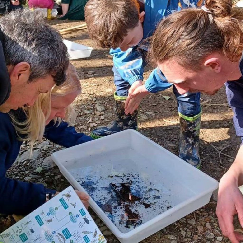 People taking samples of the river and checking the contents in a large tray.