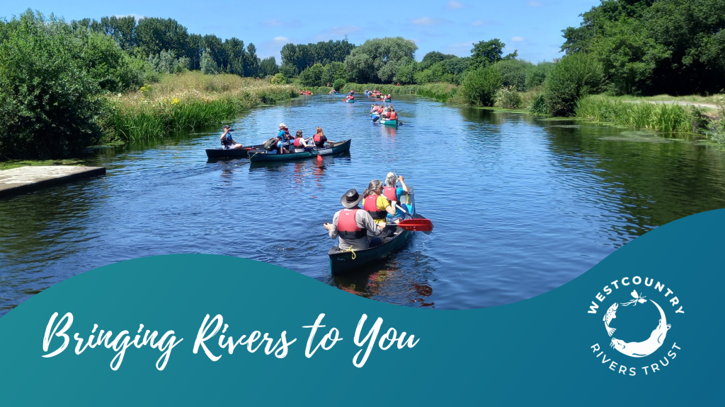 Groups of people in canoes heading down a beautiful river in the English country side