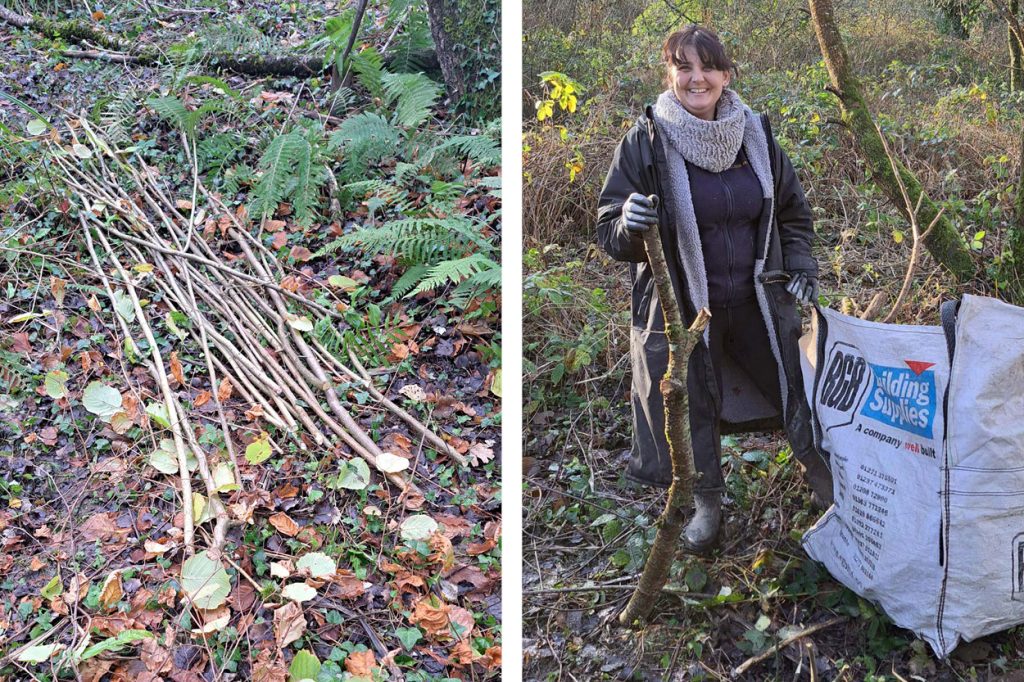Carrie, from team Turnstyle Designs stands with a large stick she has cut down and cleaned up the excess branches off. Two images are shown here, one of carrie with a large bit of wood, the other a pile of branches that have already been cut on the forest floor.