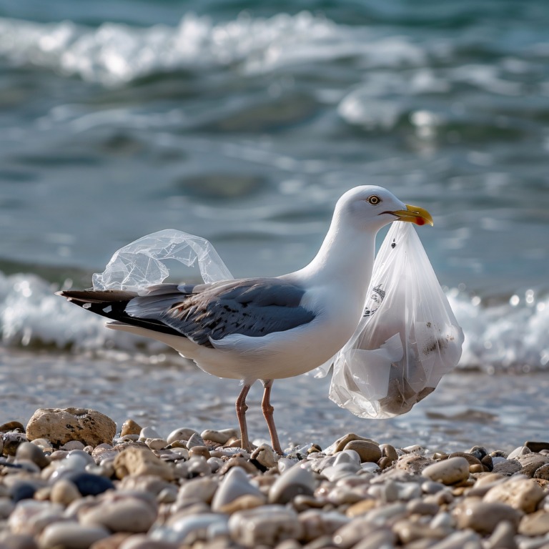 Seagull picking up trash bags that have been discarded on the beach
